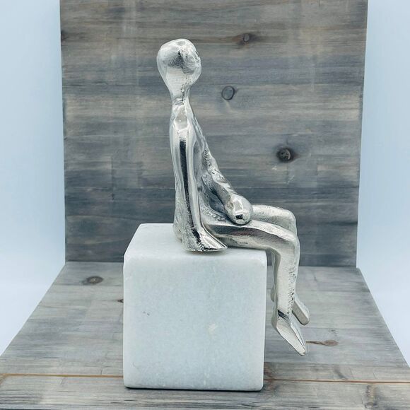 Modern Style Statue of Silver Metal Seated Human Figure Upon Marble Cube Bookend - Picture 3 of 11